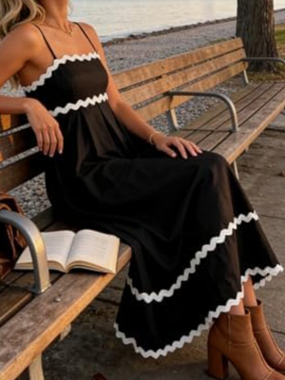 Petal & Pup Black Cotton Maxi Sun Dress with White Ric Rac Trim Spaghetti Straps - Picture 2 of 16